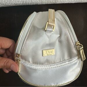 Dior White Satin Cosmetic Bag with Gold Accents